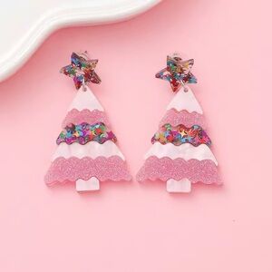 Pink Glitter Christmas Tree Festive Earrings